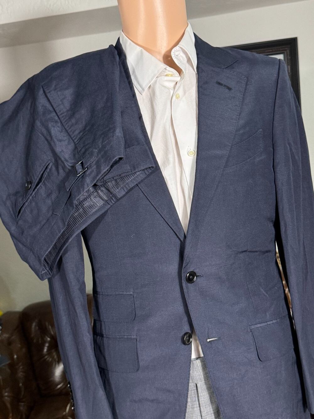 Tom Ford Navy Blue Linen Silk 2Pc Suit 38R US Notch Lapel 32x28.5 Pants O'connor